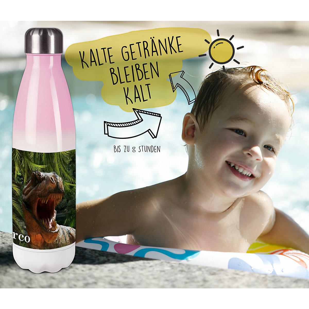Edelstahl Kinder Thermoflasche / Trinkflasche bunt T-Rex Spülmaschinenfest, Auslaufsicher, Bruchfest, Doppelwandig, Für Heißgetränke geeignet, Mit Deckel, Isoliert