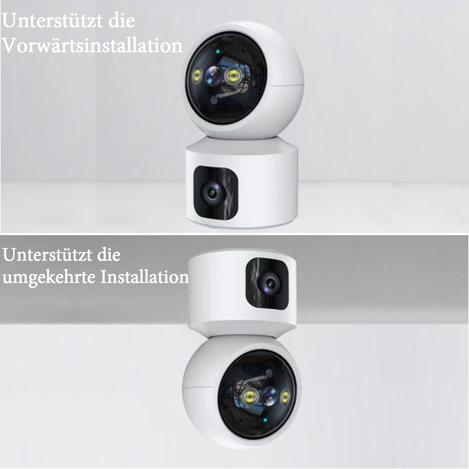 Kpaloft 355°-WLAN Überwachungskamera (für den Innenbereich, FHD 1080P Dual-Kamera, 90° verstellbar, Nachtsicht, Bewegungserkennung, APP, Zwei-Wege-Audio, Ton- und Lichtwarnung, für Babys/Haustiere)