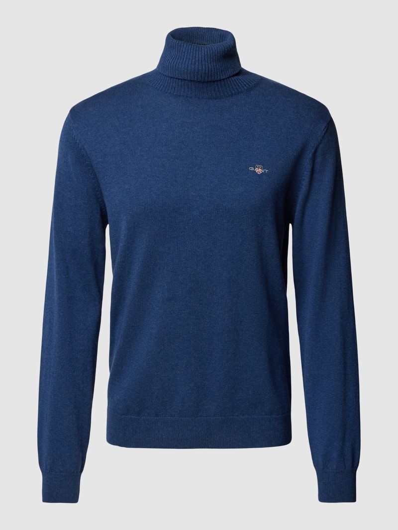 Rollkragenpullover mit Label-Stitching aus Baumwoll-Woll-Mix in marineblau meliert
