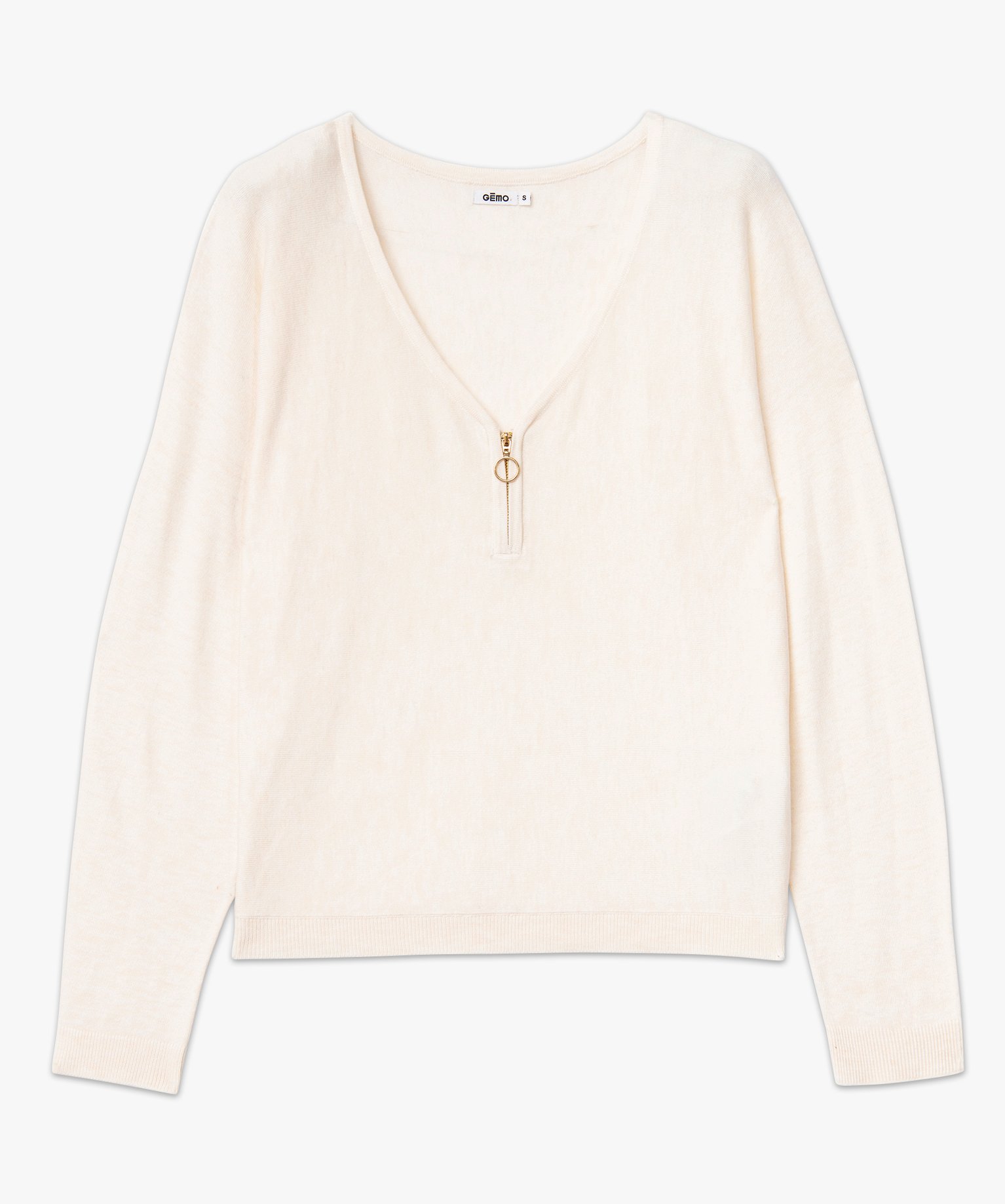 Pull col V zippé et manches chauve-souris femme ecru | GEMO
