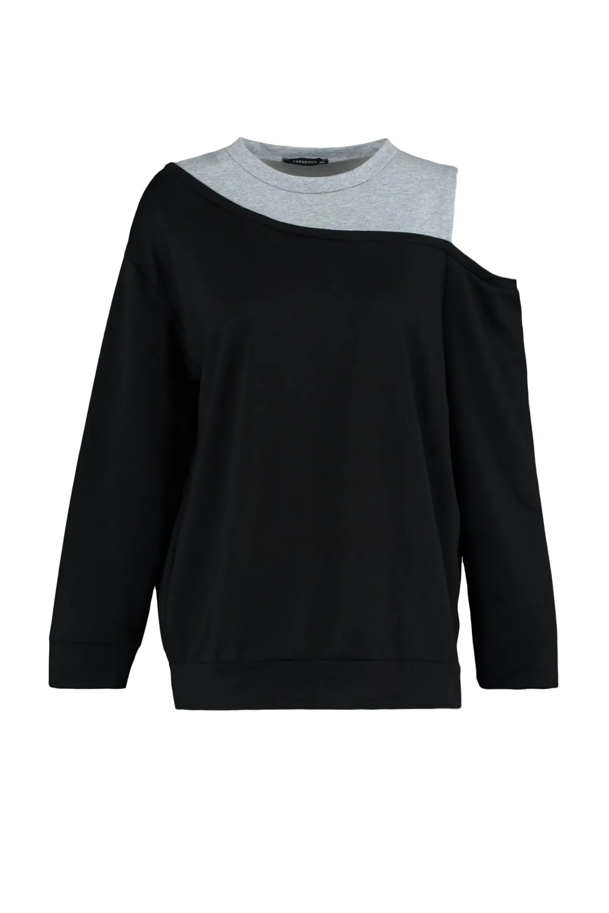 Trendyol Curve  Schwarzes, dünnes Strick-Sweatshirt mit Rundhalsausschnitt und Schulterdetails TBBAW23AO00020