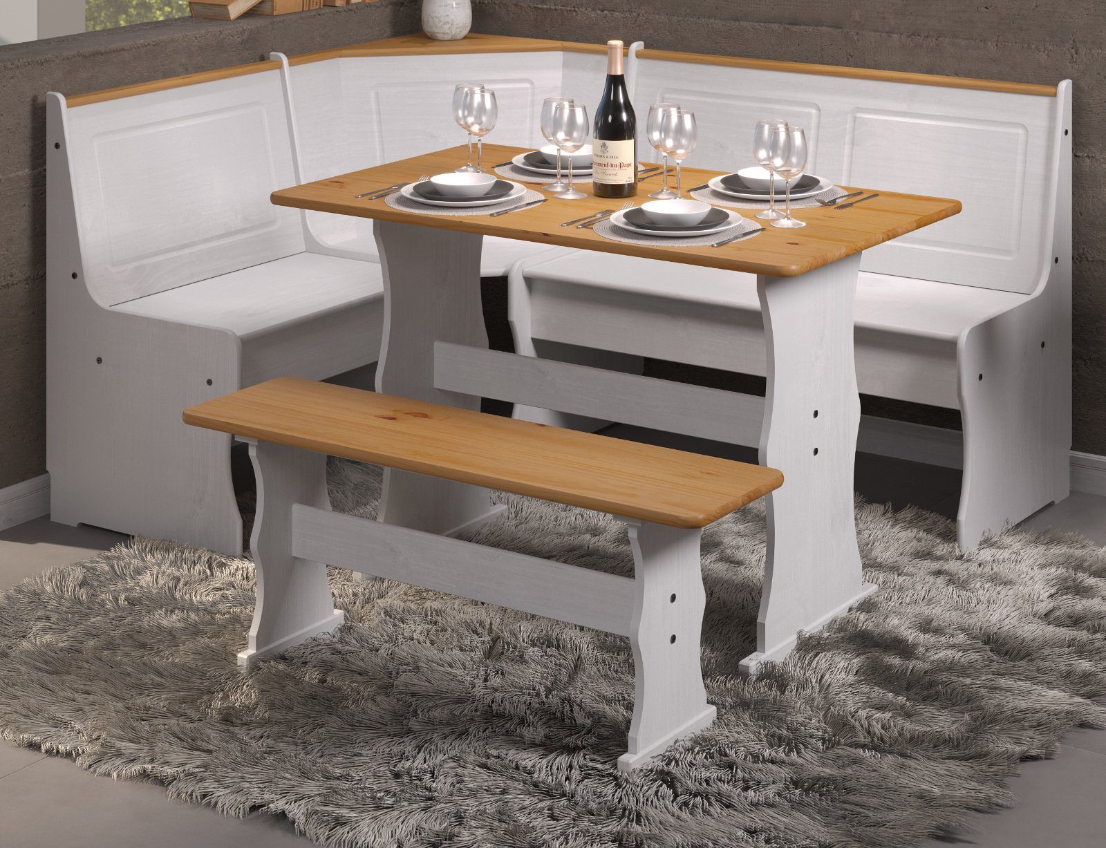 INTER-FURN Eckbankgruppe Paterno, (Kiefer massiv, weiß und honigfarben gewachst, Komplett-Set 3-teilig), inklusive Esstisch und Bank