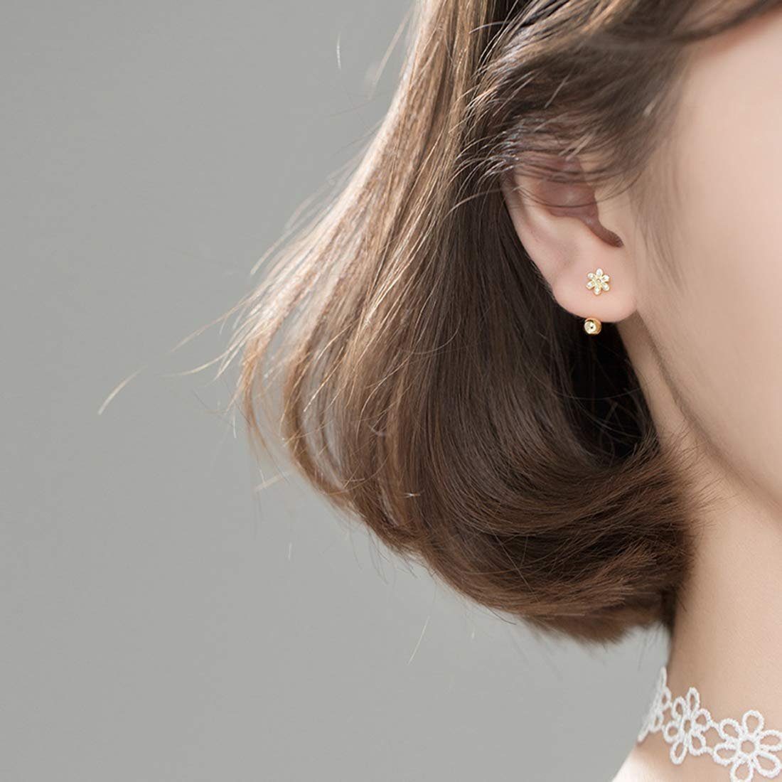 POCHUMIDUU Paar Ohrhänger 925 Sterling Silber Kleine Gänseblümchen Ohrringe Manschette (2-tlg., Helix Piercing Halb Hoop Ohrringe, Kugel Ohrstecker Ohrringe), für Frauen Teenager Mädchen
