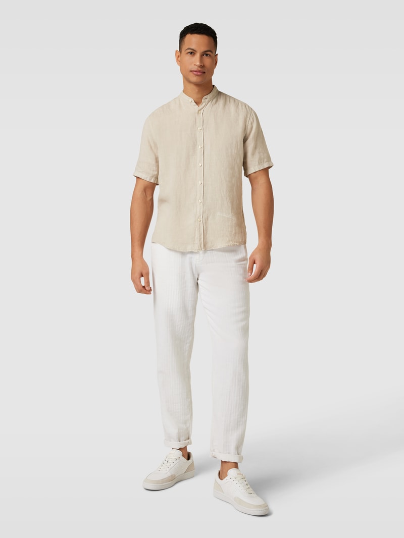 Regular Fit Freizeithemd aus reinem Leinen mit Maokragen in beige