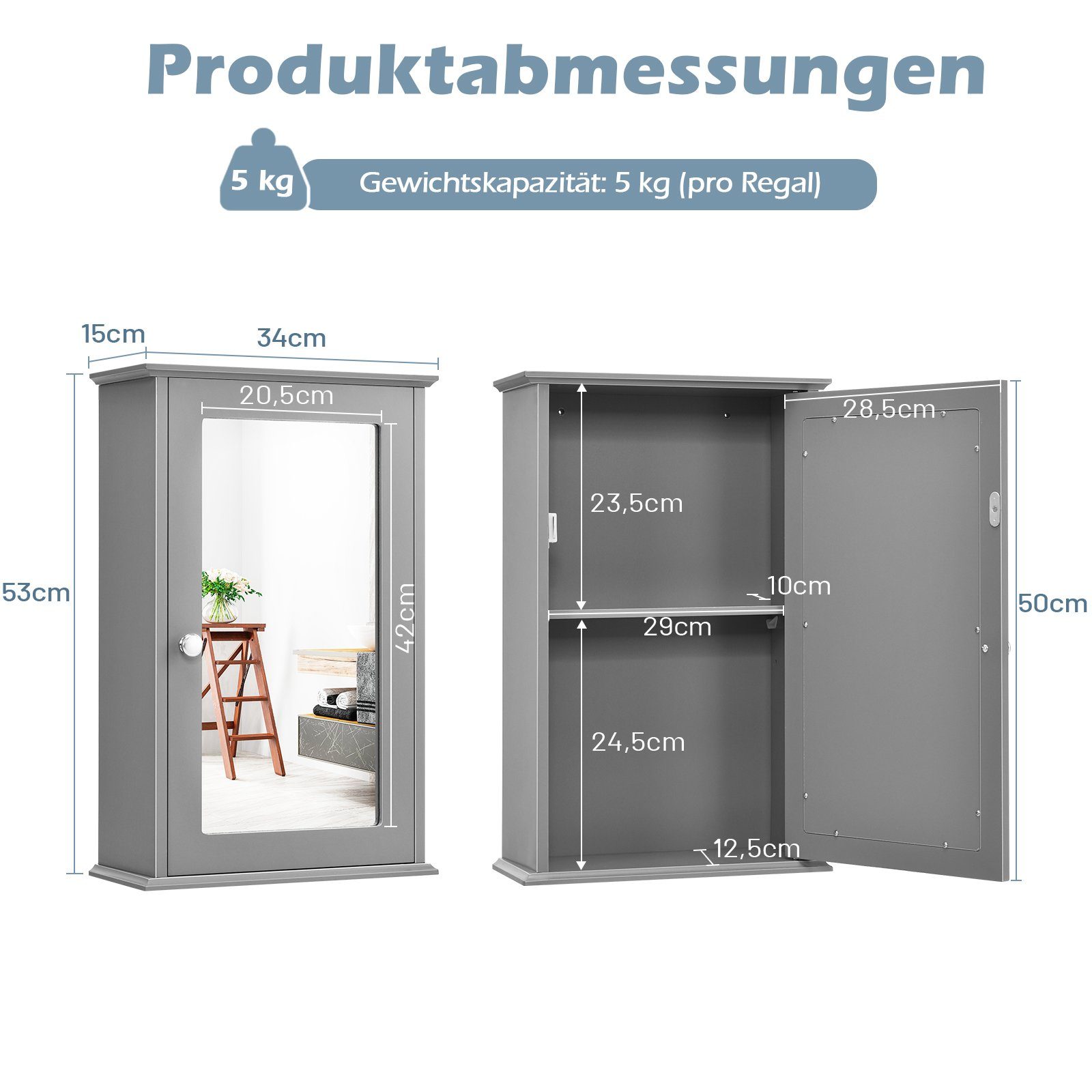 COSTWAY Spiegelschrank Bad, mit Tür & Ablage, Holz, 34x15x53cm, grau