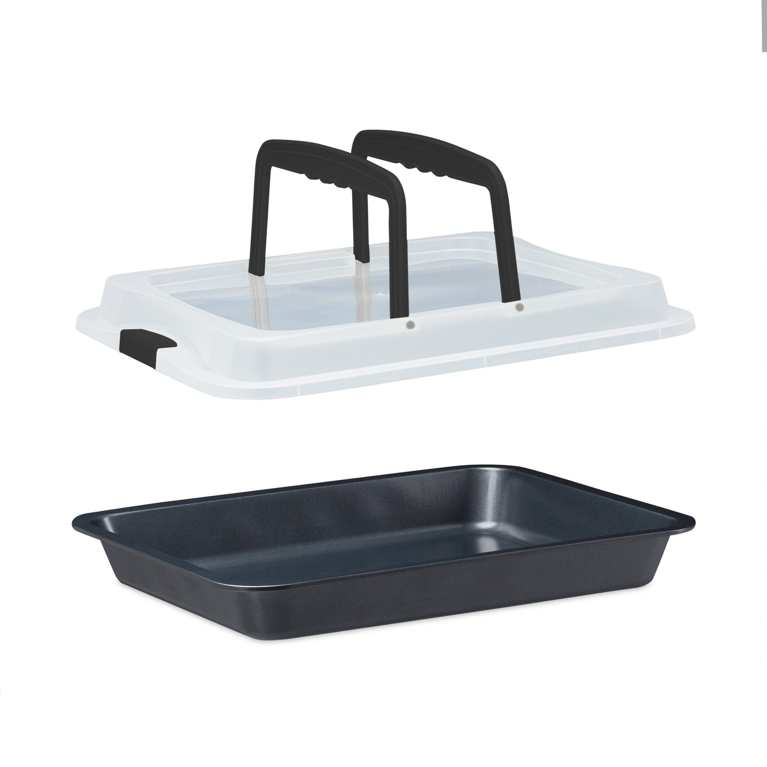 relaxdays Ofenschale Backblech mit Deckel 3in1, Stahl, Schwarz