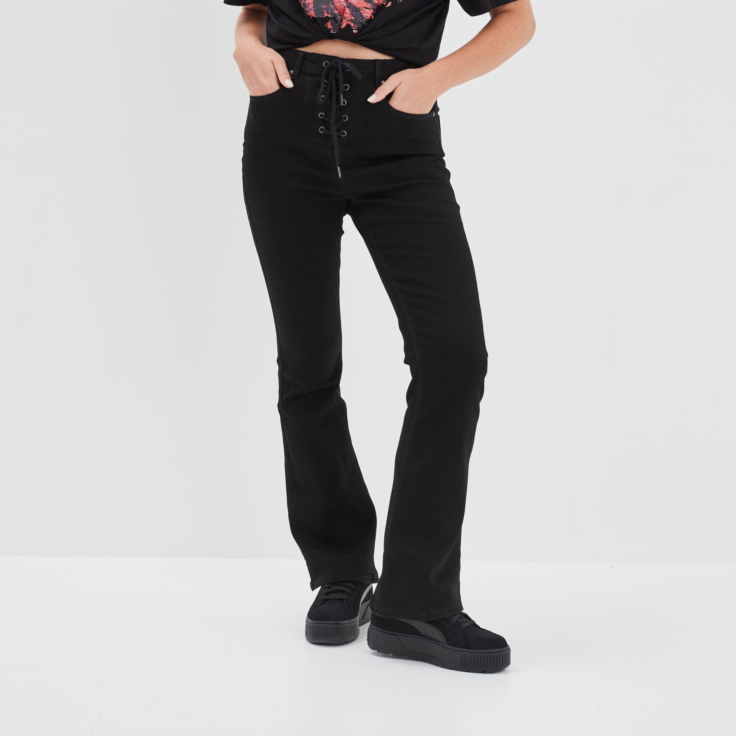 Pantalon flare avec lacets denim noir femme | La Halle