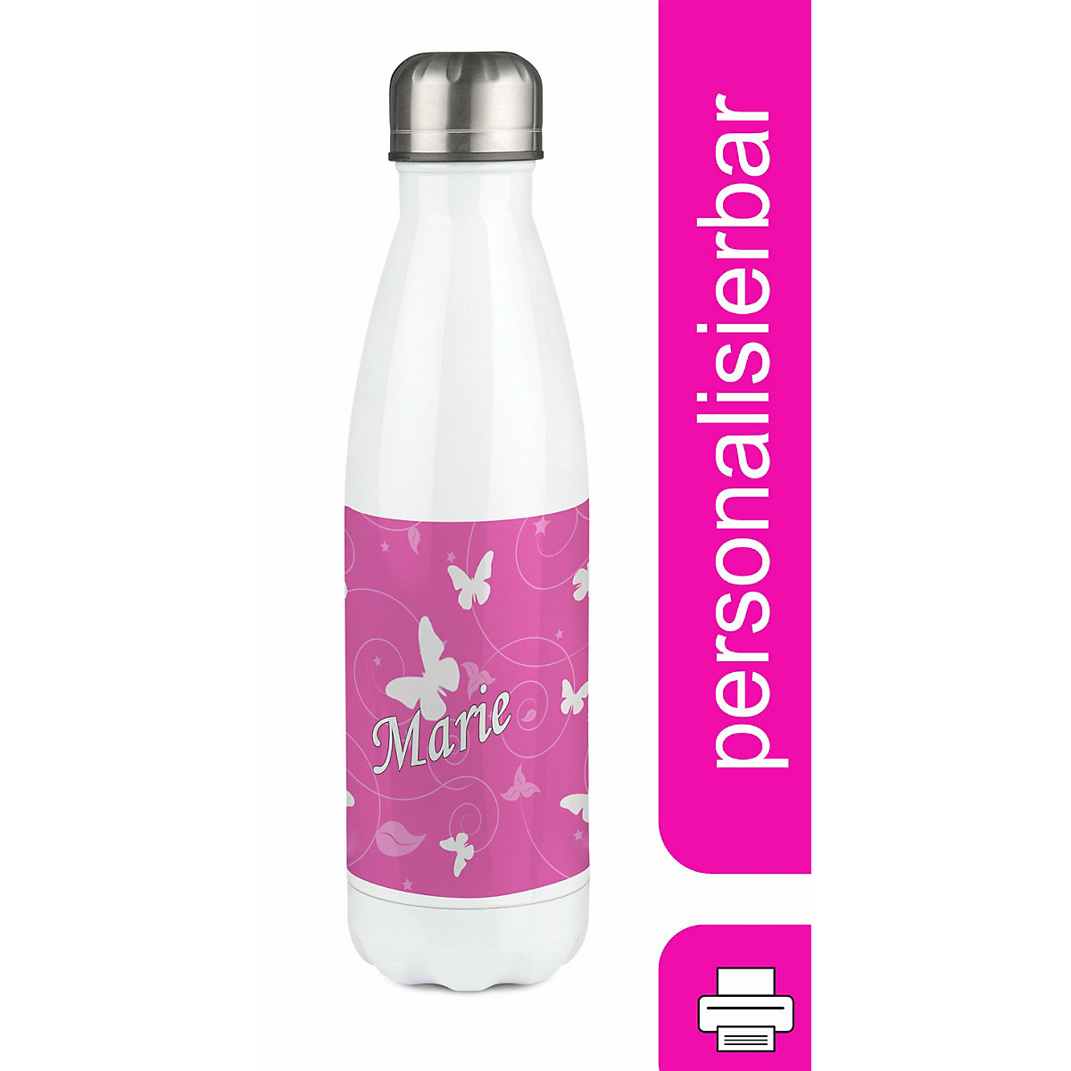Edelstahl Kinder Thermoflasche / Trinkflasche bunt Schmetterling Ornamente Farbe rosa Spülmaschinenfest, Auslaufsicher, Bruchfest, Doppelwandig, Für Heißgetränke geeignet, Mit Deckel, Isoliert