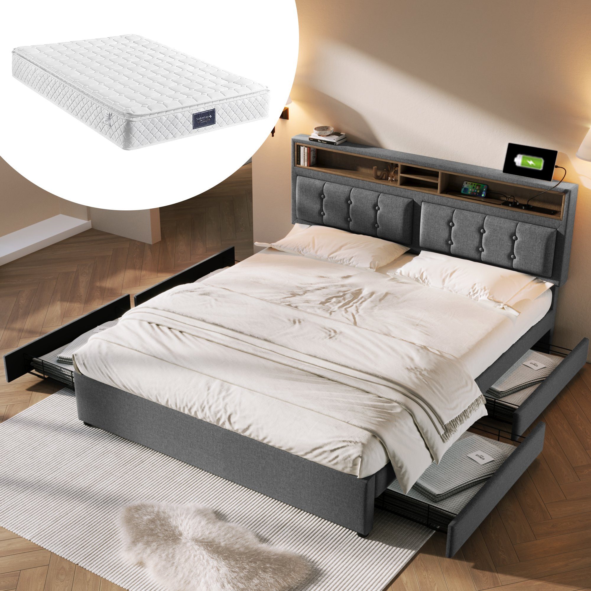 REDOM Polsterbett Doppelbett (mit USB/Typ-C Ladefunktion + 4 Schubladen 140x200cm Leinen), Inklusive Matratze