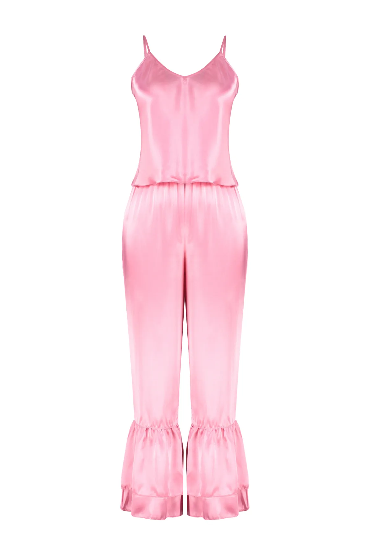 Trendyol Collection  Rosa Pyjama-Set aus Capri-Satin mit Schwungrad-Details und Seilriemen THMSS24PT00014