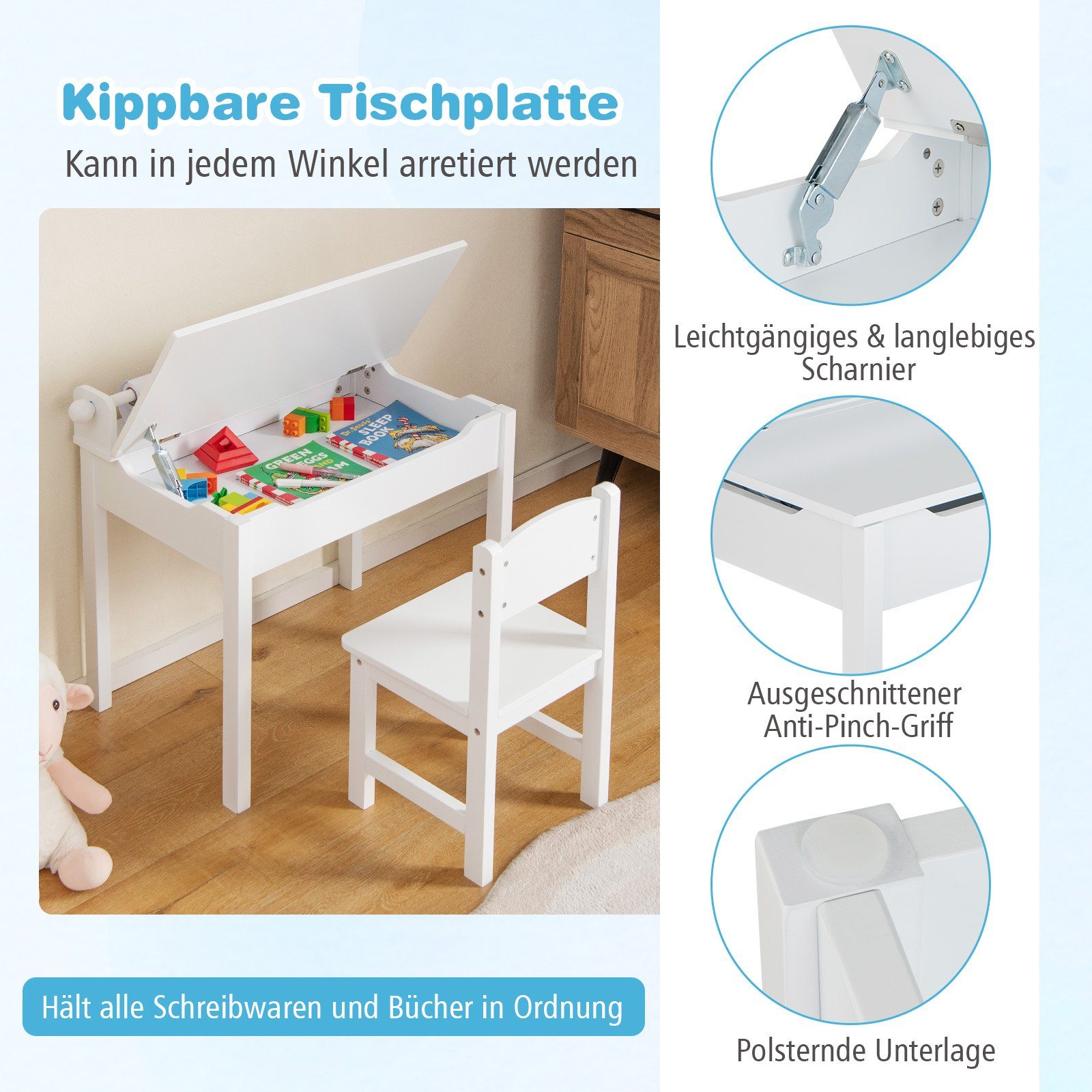 COSTWAY Kinderschreibtisch, mit Papierrollenhalter & Stuhl
