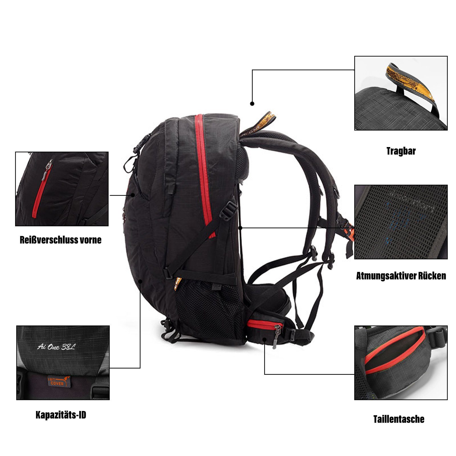 TAN.TOMI Wanderrucksack 38L Großer Wanderrucksack mit Rückenbelüftung, Wasserdicht (Einschließlich Regenschutz), mit Regenschutz für Outdoor Reisen Camping Trekking
