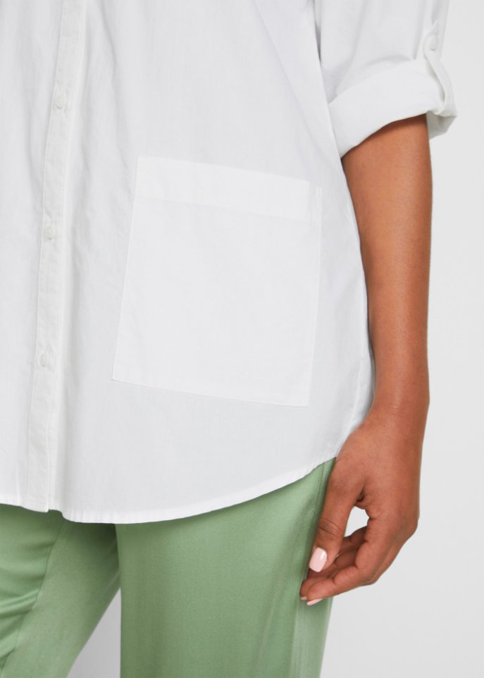 Popeline Bluse mit Tasche mit Turn-Up Ärmel