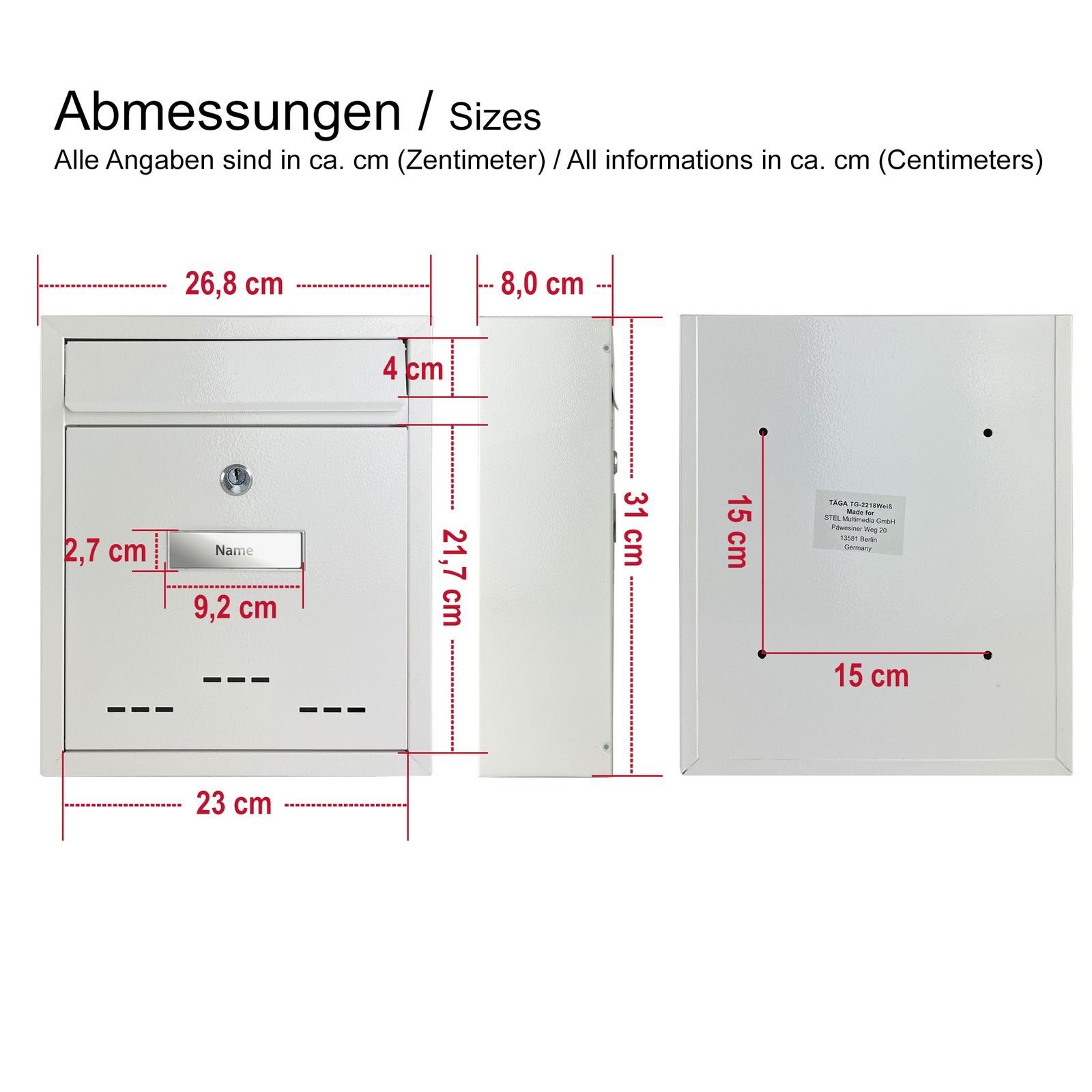 TÄGA Wandbriefkasten TÄGA TG-2218 Briefkasten mit Sichtfenster, DIN A4 Einwurf, DIN A4 Einwurf