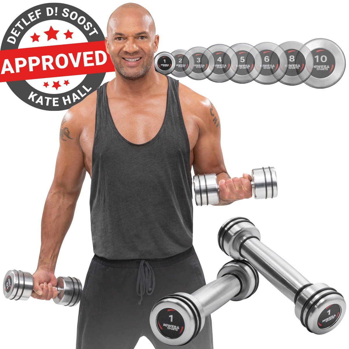 Miweba Sports Hantel-Set Profi Chrom Gymnastik Hantel Set - 8 Gewichtsklassen, (1 kg - 2 kg - 3 kg - 4 kg - 5 kg - 6 kg - 8 kg -10 kg - Stahl - Hochglanz-Optik - bodenschonend - schwarz / silber - Fitnesshanteln - Krafttraining - Sport - Workout - Tr