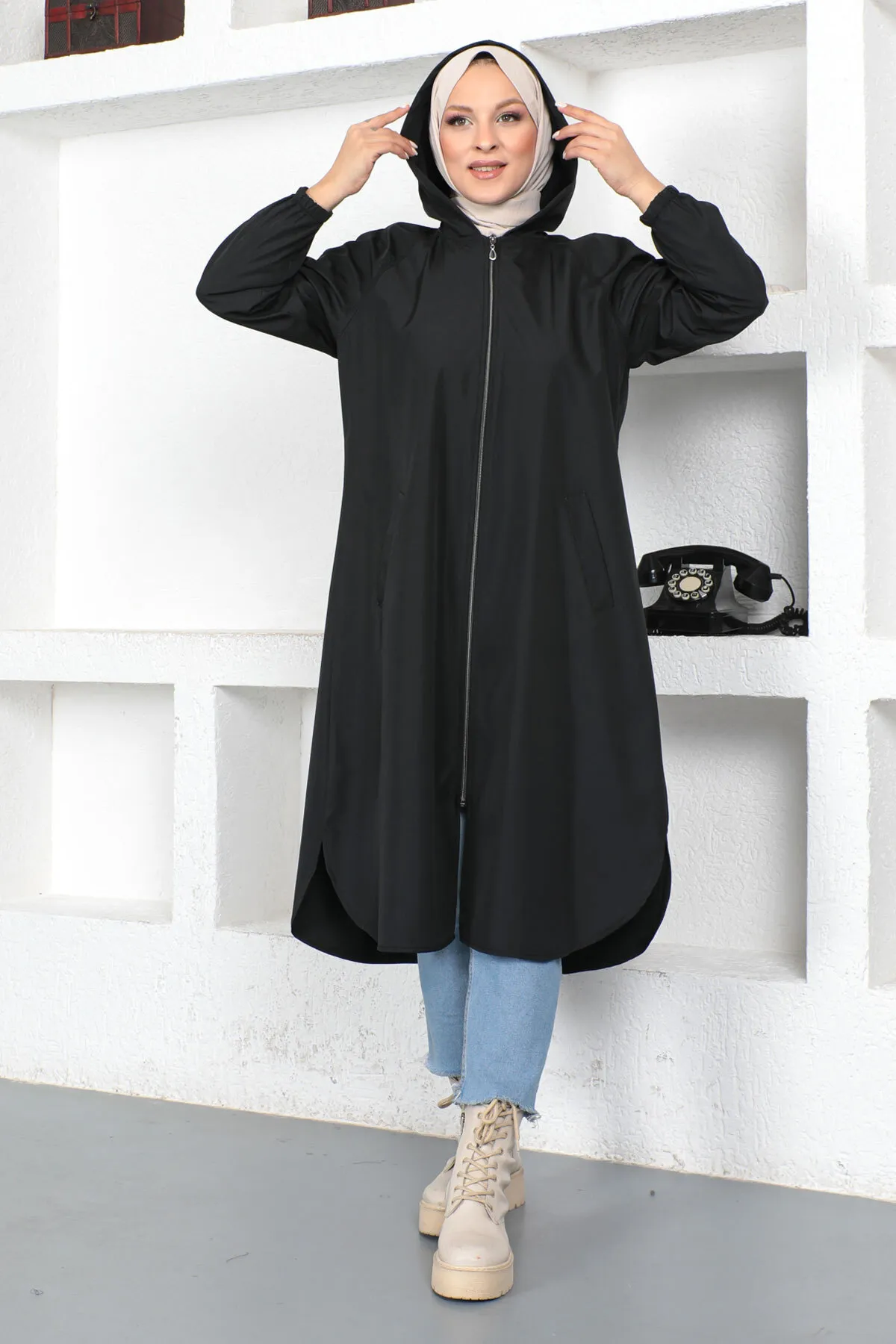 Tesettür Dünyası  Trenchcoat mit Reißverschluss Tsd230403 Schwarz