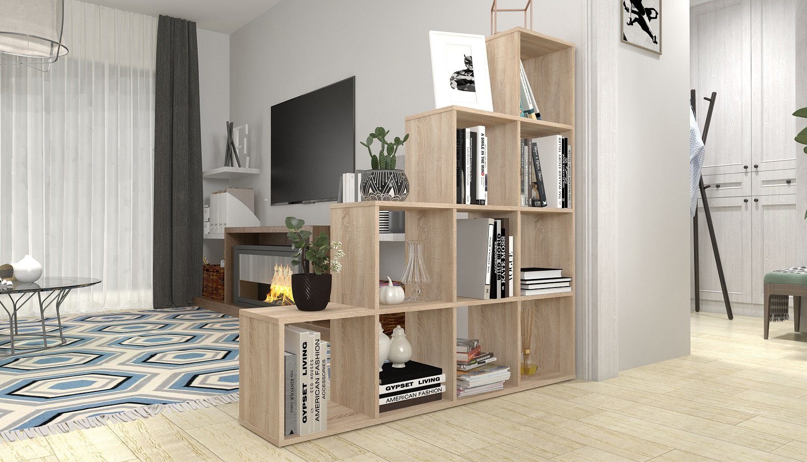 Polini Home Raumteilerregal Polini Treppenregal Stufenregal Raumteiler Regal Eiche 10 Fach