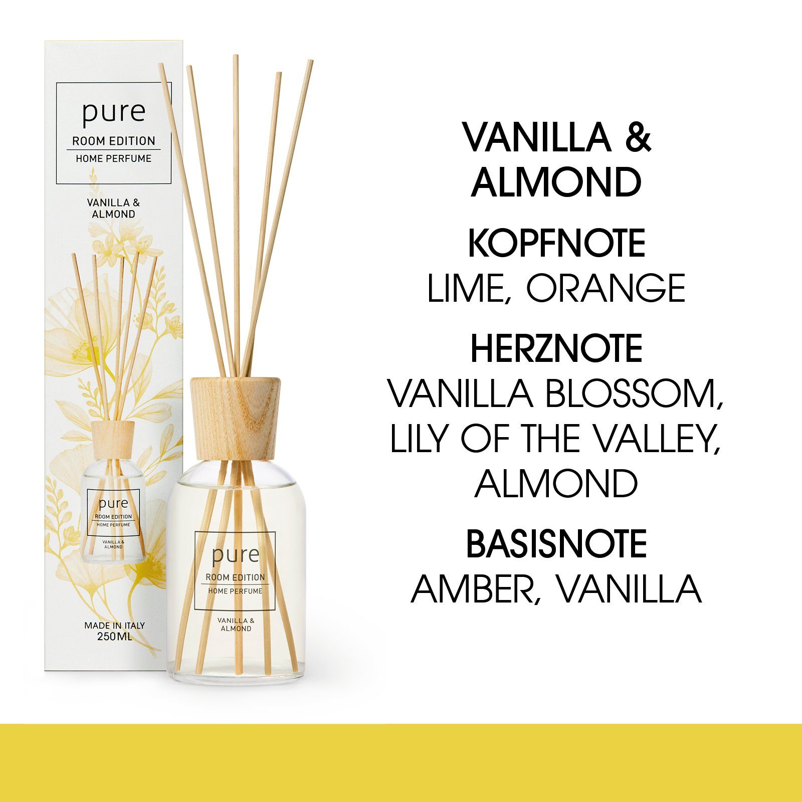 PURE ROOM EDITION Raumduft 250 ml (1 x 250 ml Vanille & Mandel Raumduft + 5 Duftstäbchen)