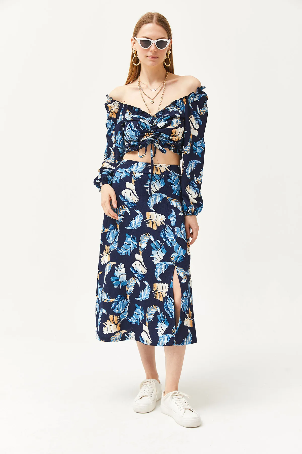 Olalook  Marineblaues Damen-Set aus Oberteil, Bluse, Unterteil und Rock mit Schlitz, TKM-19000188