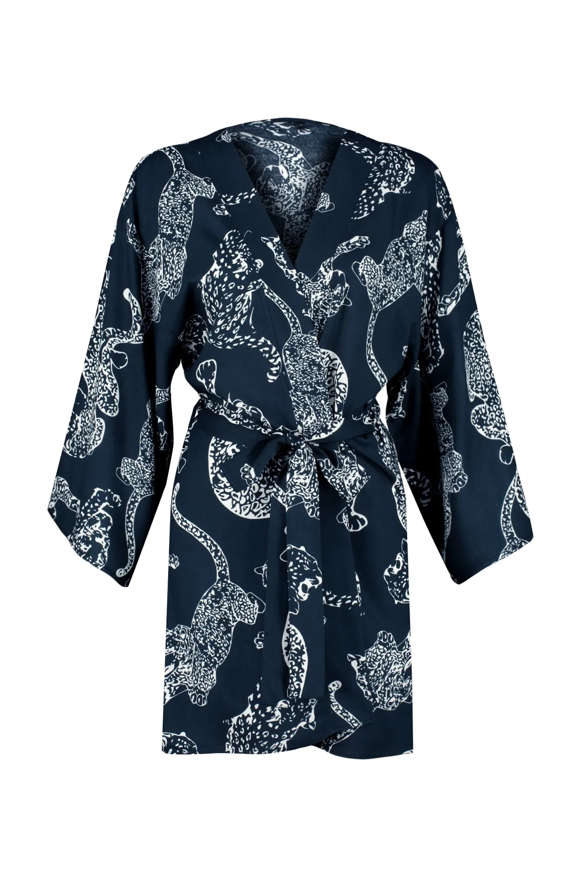 Trendyol Collection  Anthrazitfarbener, gewebter Morgenmantel aus Viskose mit Tiermuster und Gürtel THMSS24SB00002