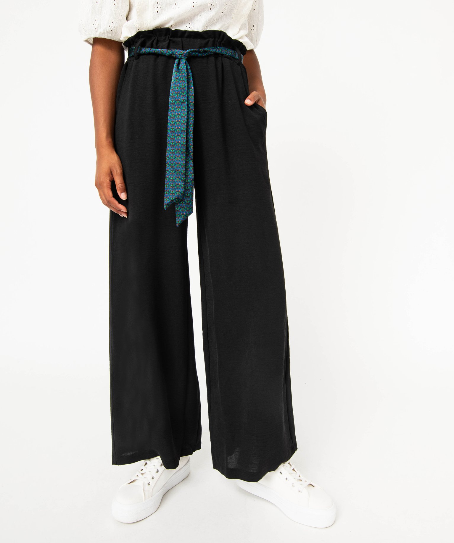 Pantalon en maille fluide avec ceinture imprimée femme noir | GEMO