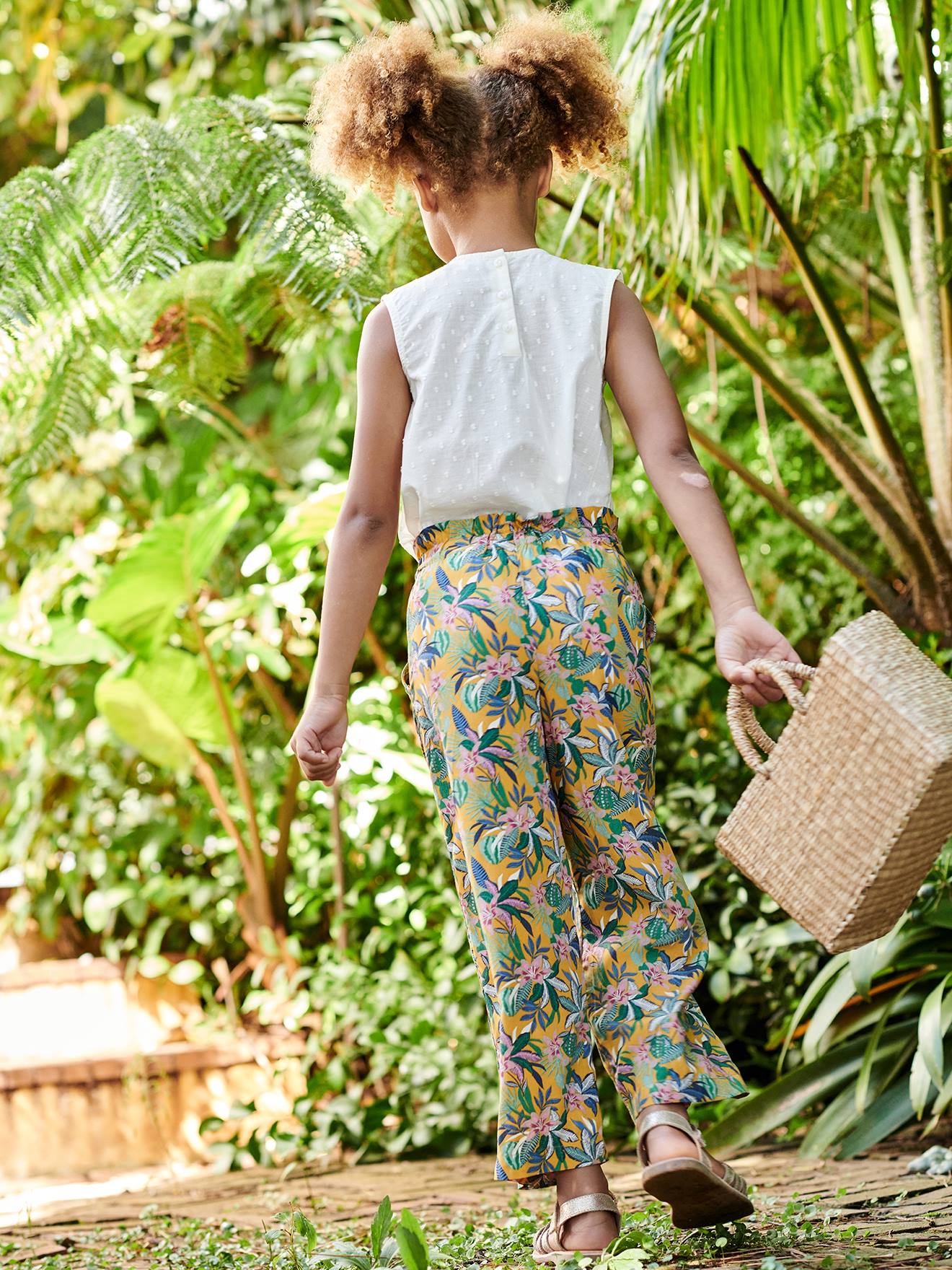 Pantalon large motifs fleurs fille moutarde