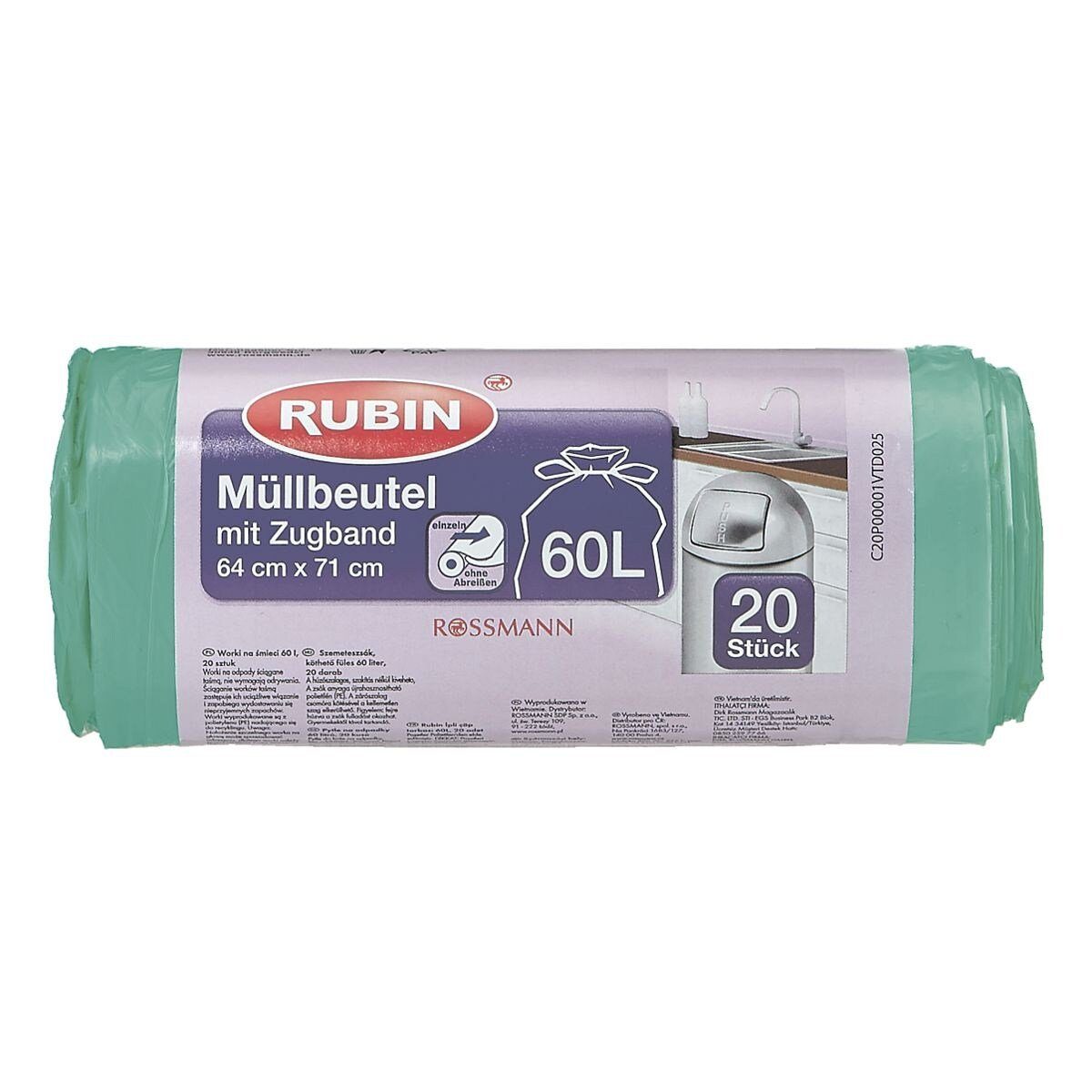 RUBIN Müllbeutel, 20 Stück/ Rolle, mit Zugband, 60 Liter, grün, reißfest, recycelbar