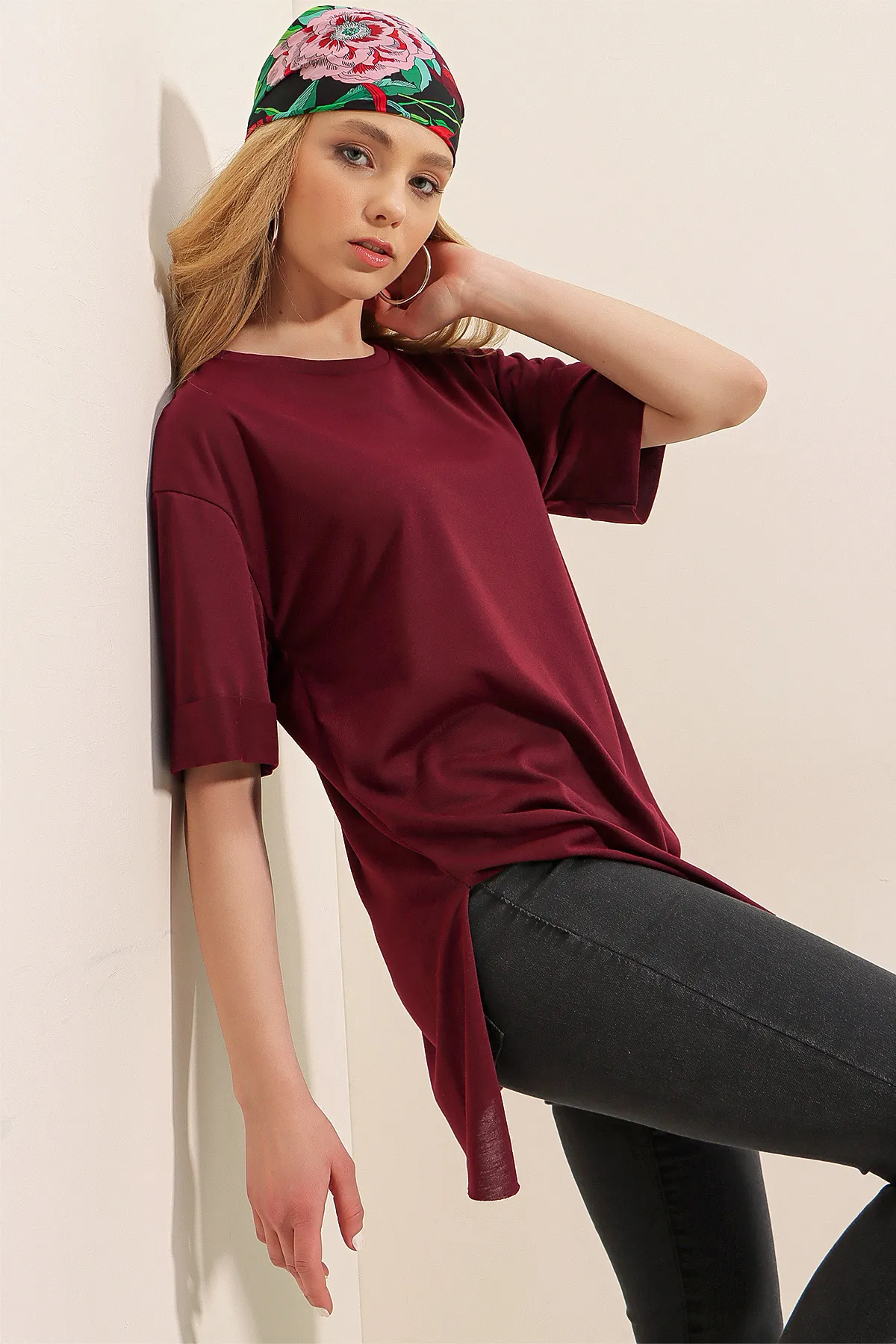Bigdart  4123 Übergroßes T-Shirt mit Schlitz – Pflaume