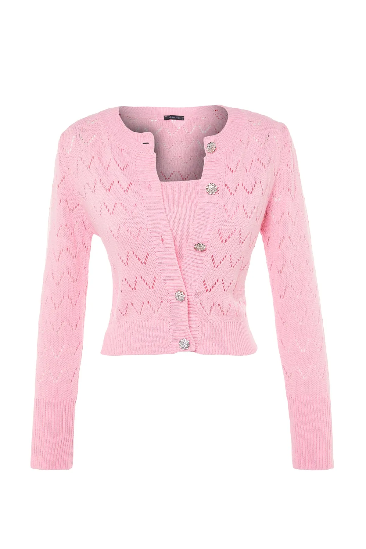Trendyol Collection  Rosa Blusen-Cardigan-Set mit Knopfdetail, durchbrochen/Lochmuster TWOSS23HI00000