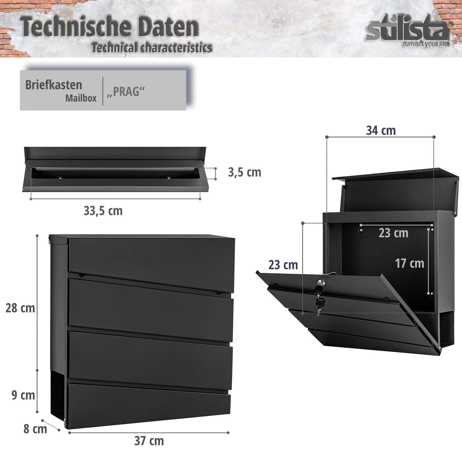 STILISTA Wandbriefkasten Briefkasten Postkasten mit Zeitungsfach (Set, inkl. 2 Schlüssel), pulverbeschichtetes Metall, Edelstahl, Farb- und Modellwahl