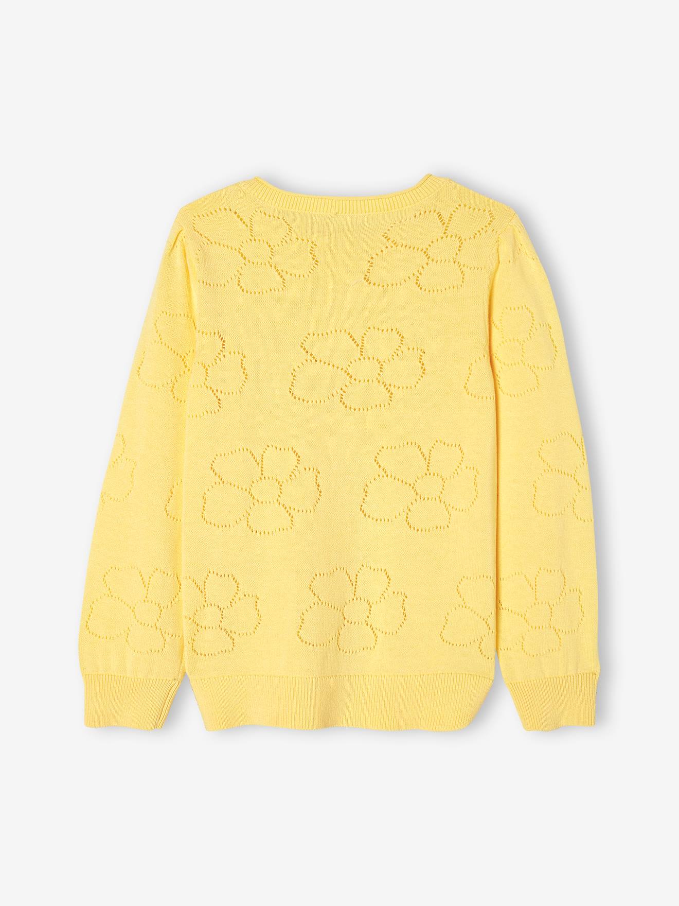 Gilet maille ajourée motifs fleurs fille jaune