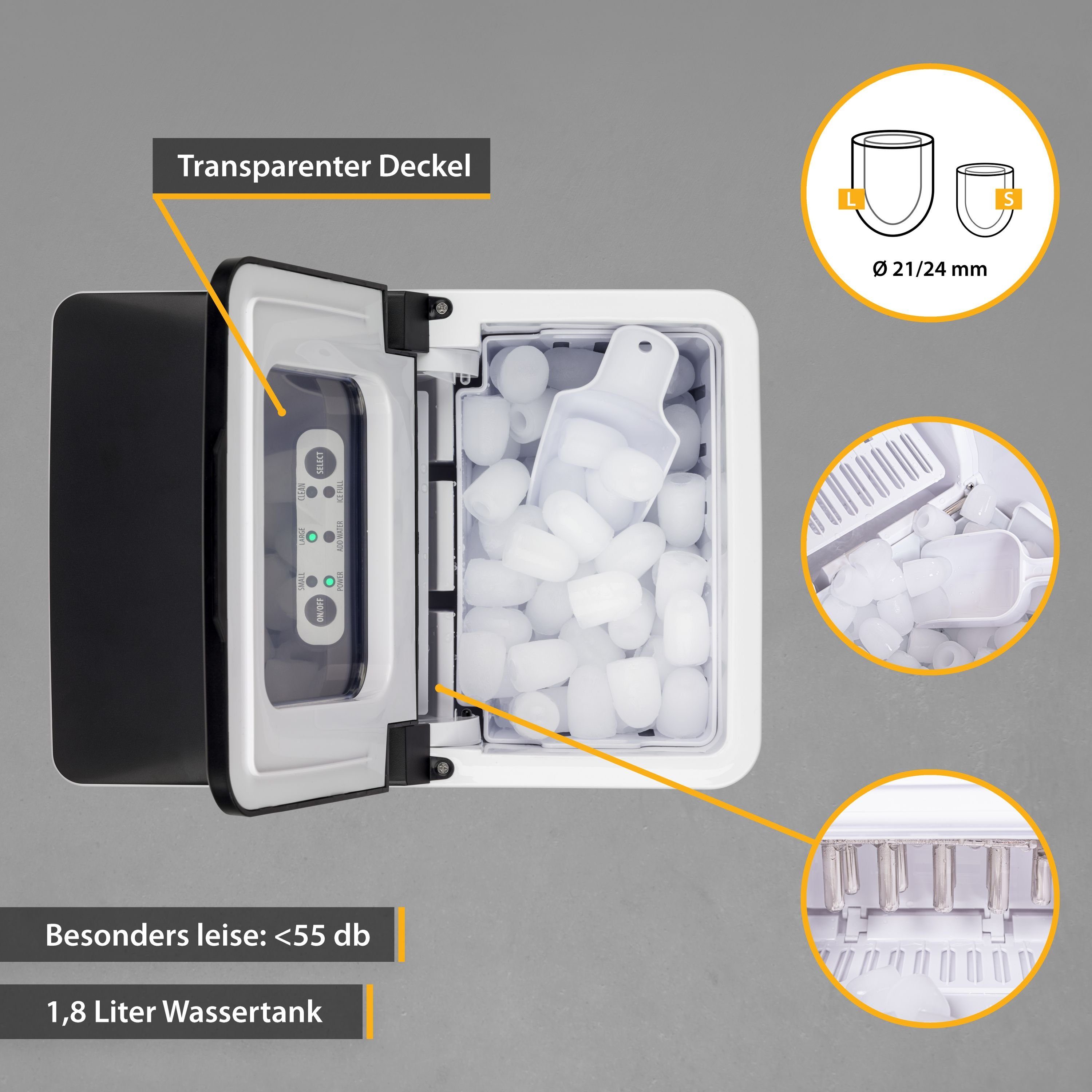 TZS FIRST AUSTRIA Eiswürfelmaschine Eiswürfelmaschine, Edelstahl Ice Cube Maker, 9 Würfel in 7-9 Minuten, Würfel S/L, 12kg 24 Std, Eiswürfelbereiter 1,8 L, 150W, LED Display
