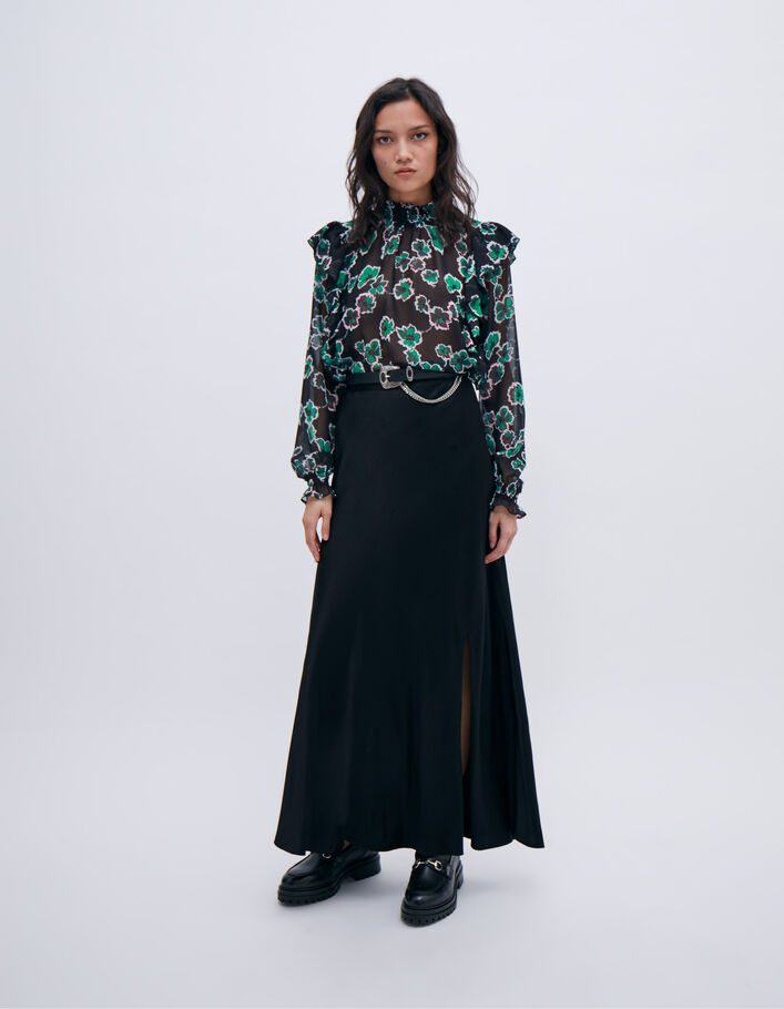 Jupe longue noire fendue en viscose Femme