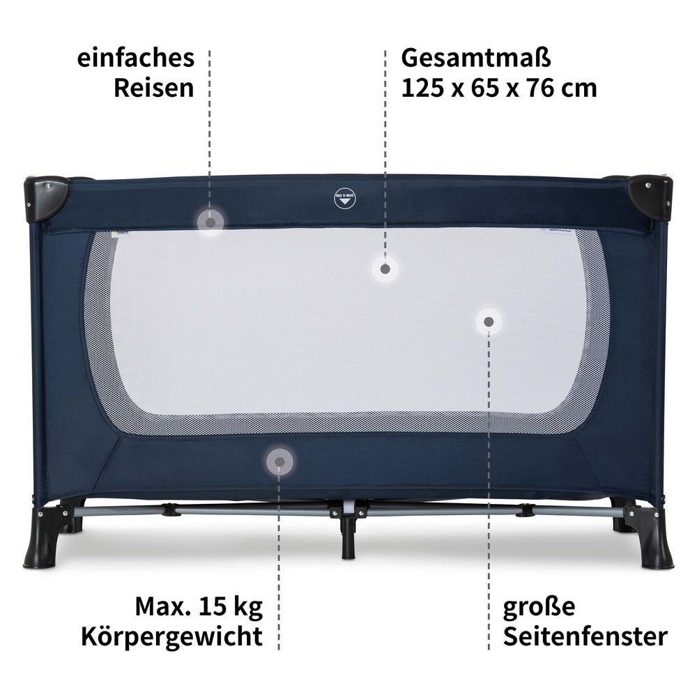 Hauck Baby-Reisebett Dream'n Play Plus - Navy, Baby Kinder Reisebett mit Matratze, 2 Spannbettlaken & Insektenschutz