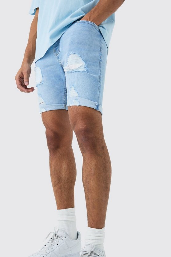 Zerrissene Skinny Stretch Jeansshorts in Hellblau
