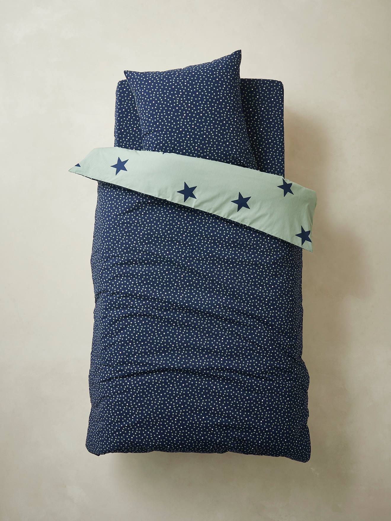 Parure housse de couette + taie d'oreiller enfant DREAM BIG basics kaki / étoiles marine