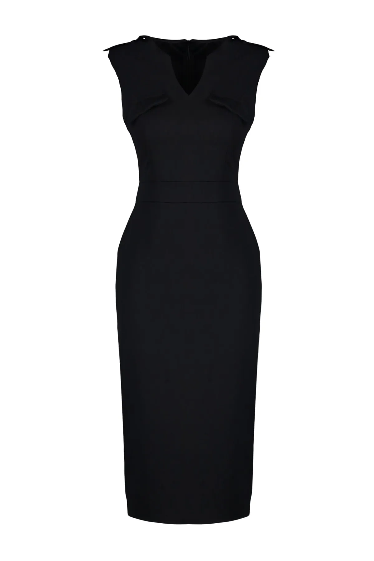 Trendyol Collection  Schwarzes, stilvolles, gewebtes Midi-Kleid mit Taschendetails TWOAW23EL00231