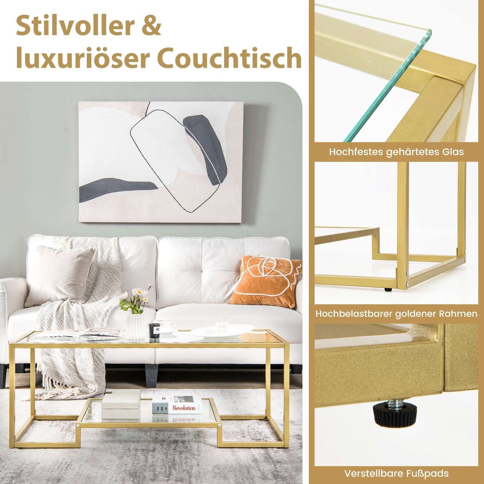 COSTWAY Couchtisch, Glas, Gold, mit Metallrahmen, 114 x 51 x 43,5 cm