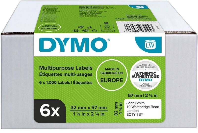 Dymo LW 2093094 Mehrzweck-Etiketten Matte Oberfläche Selbsthaftend 57 (B) x 32 (H) mm 6 Rollen à 1000 Etiketten