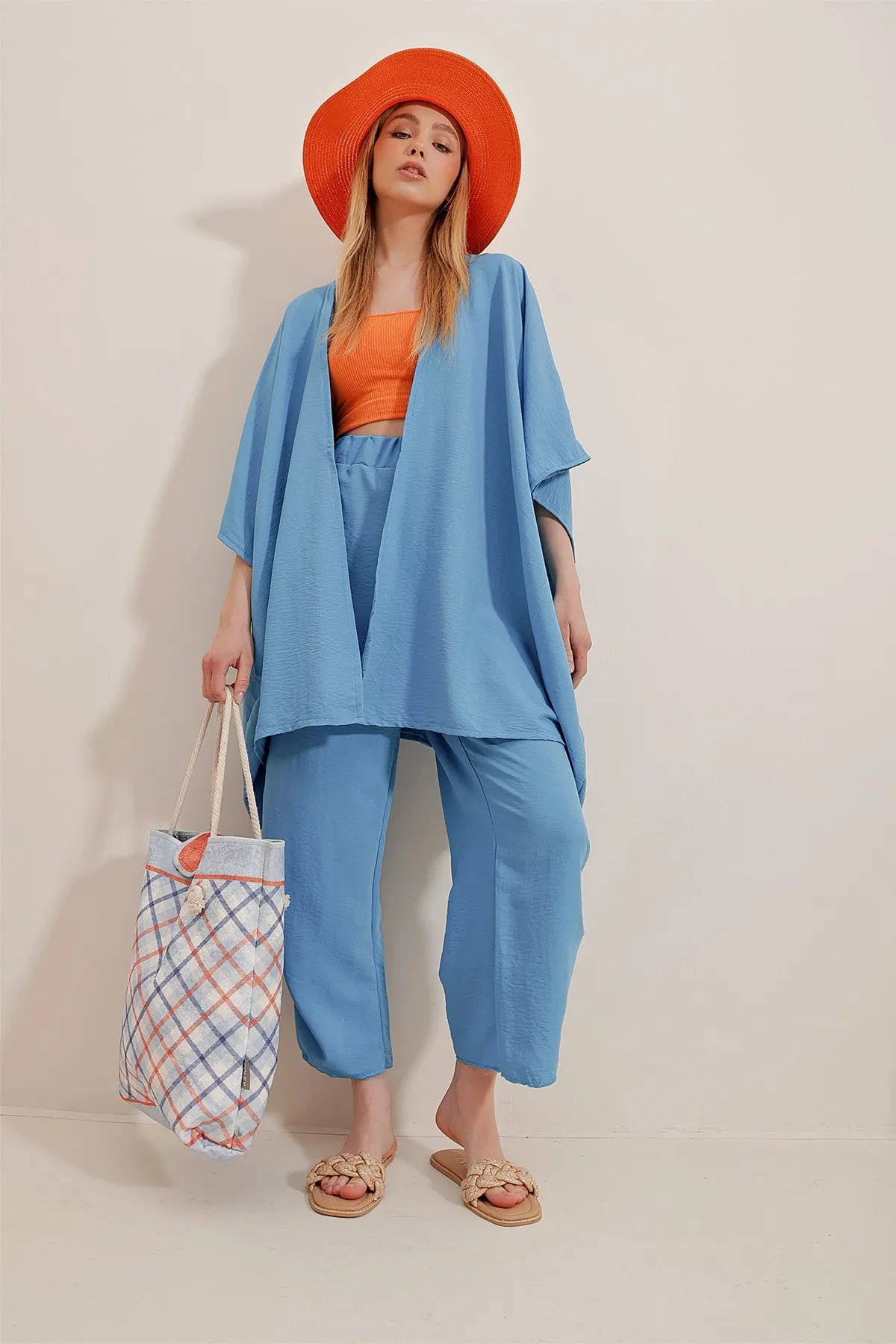 Trend Alaçatı Stili  Damen Fliegerblauer Hosen- und Jackenanzug mit Schlitz am Bein, selbststrukturiert, ALC-752-001