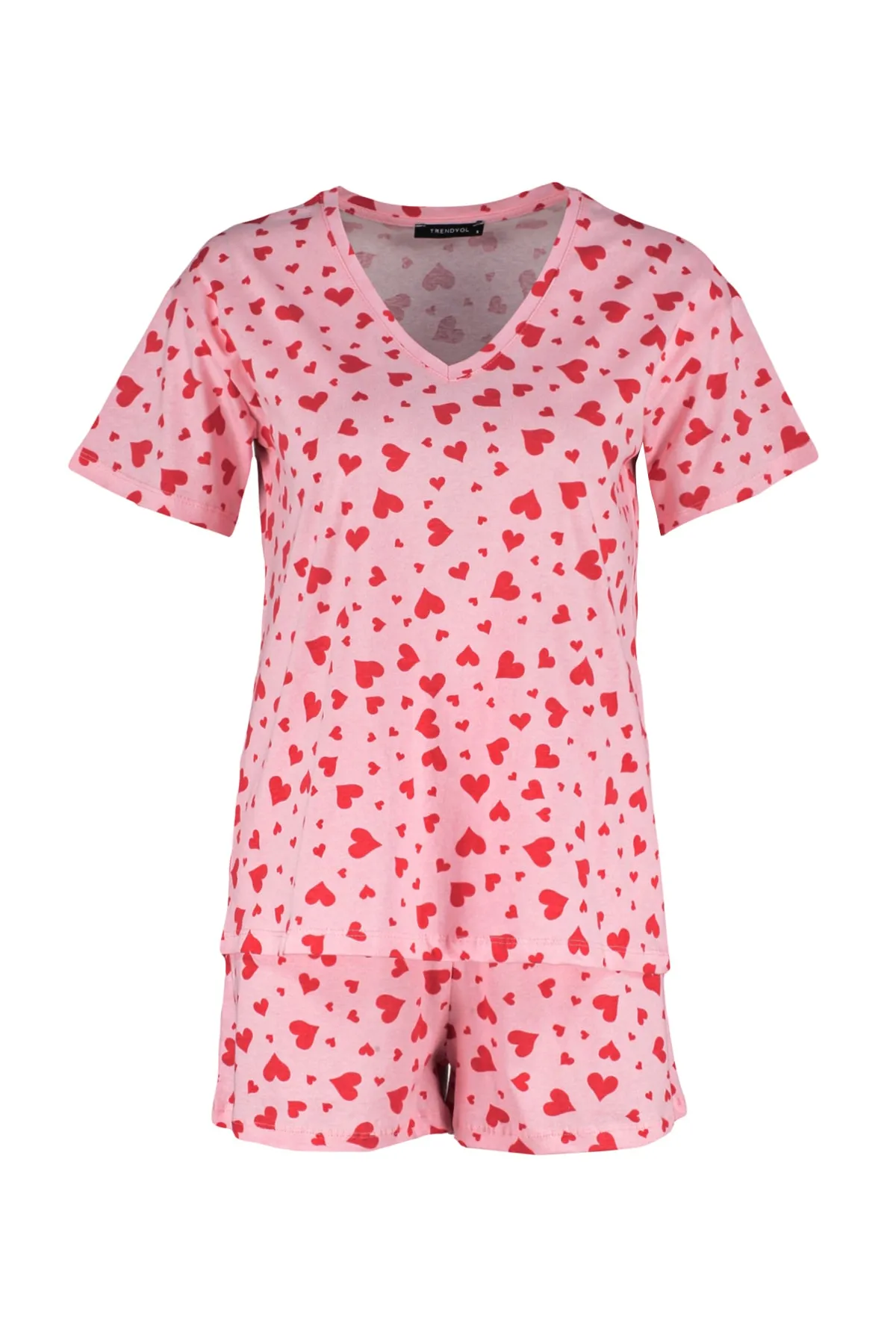 Trendyol Collection  Rosa gestricktes Pyjama-Set mit T-Shirt und Shorts aus 100 % Baumwolle mit Herzmuster THMSS23PT00013