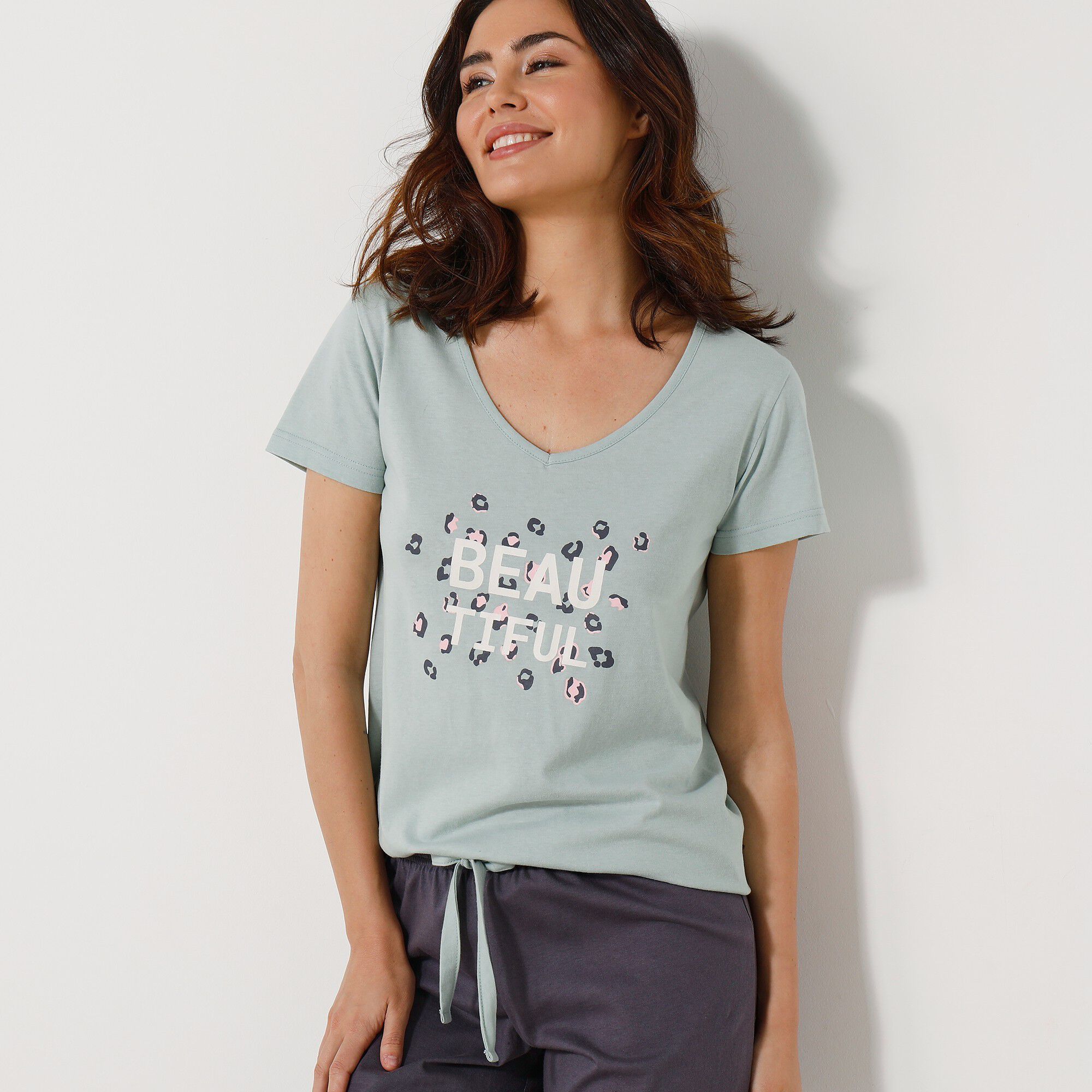Tee-shirt manches courtes coton uni imprimé placé 