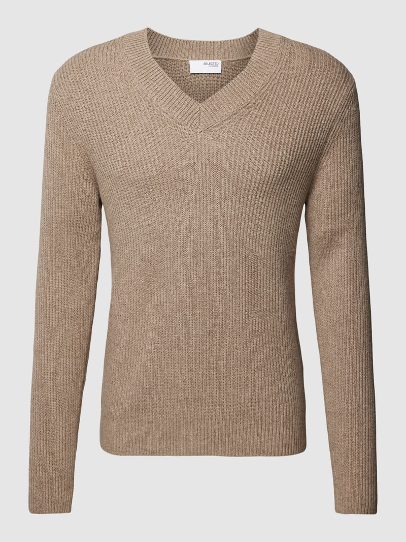 Strickpullover mit geripptem V-Ausschnitt Modell 'RONN' in beige