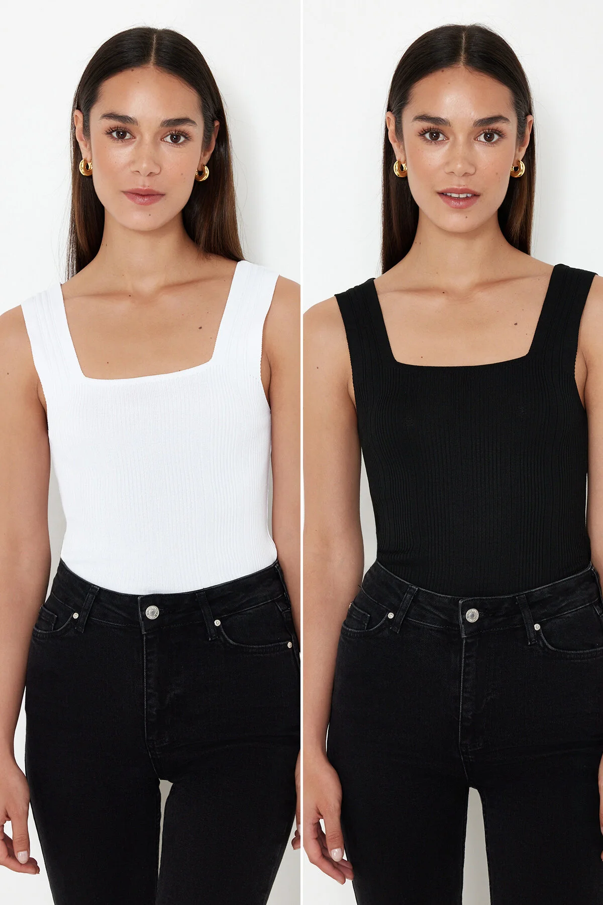 Trendyol Collection  Schwarz-Ecru Basic Doppelpack Top Strickbluse TWOSS24BZ00623