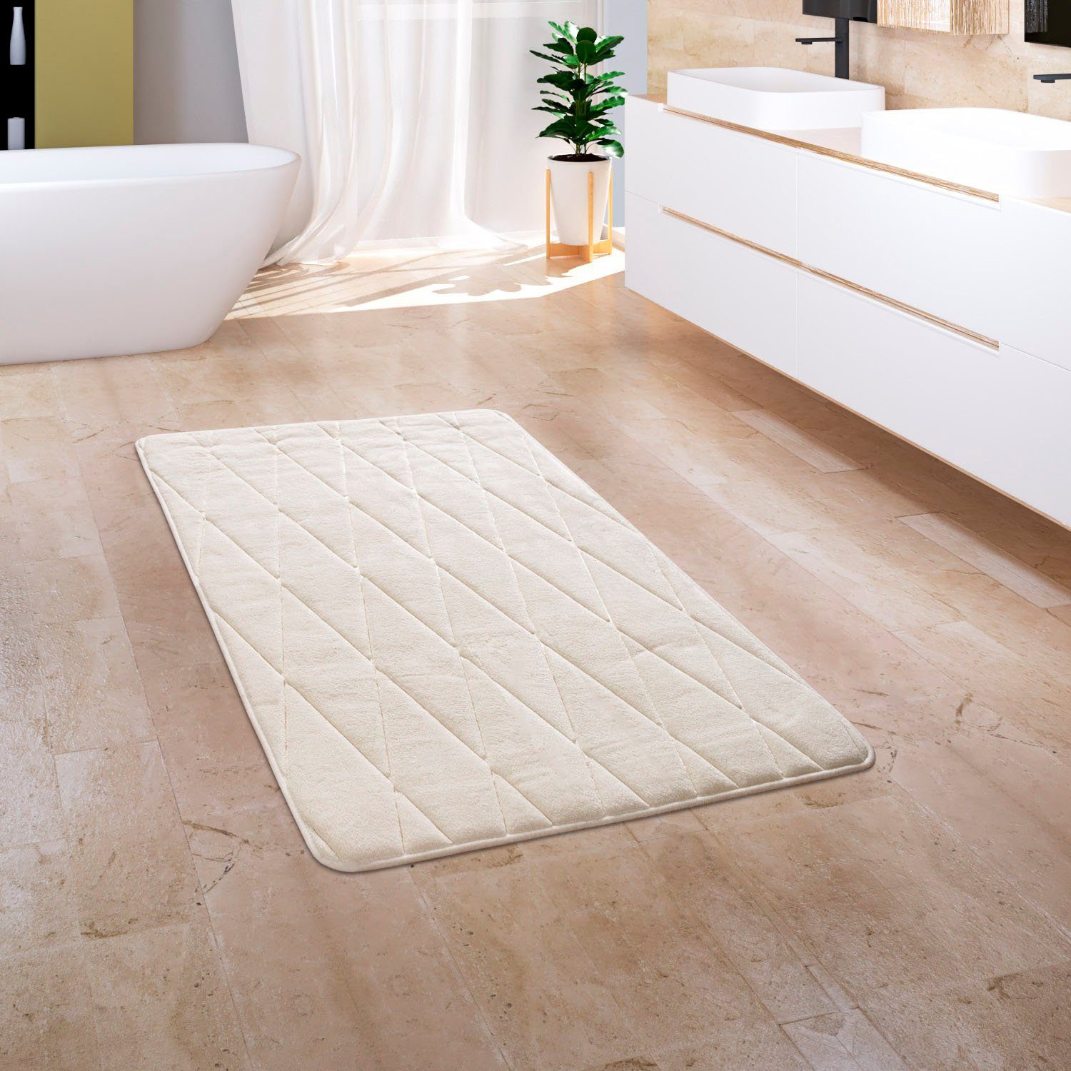 Badematte Corby 254 Paco Home, Höhe 13 mm, rutschhemmend beschichtet, fußbodenheizungsgeeignet, Polyester, rechteckig, Badteppich, Rauten Muster, Hoch-Tief Effekt, Memory-Foam Effekt
