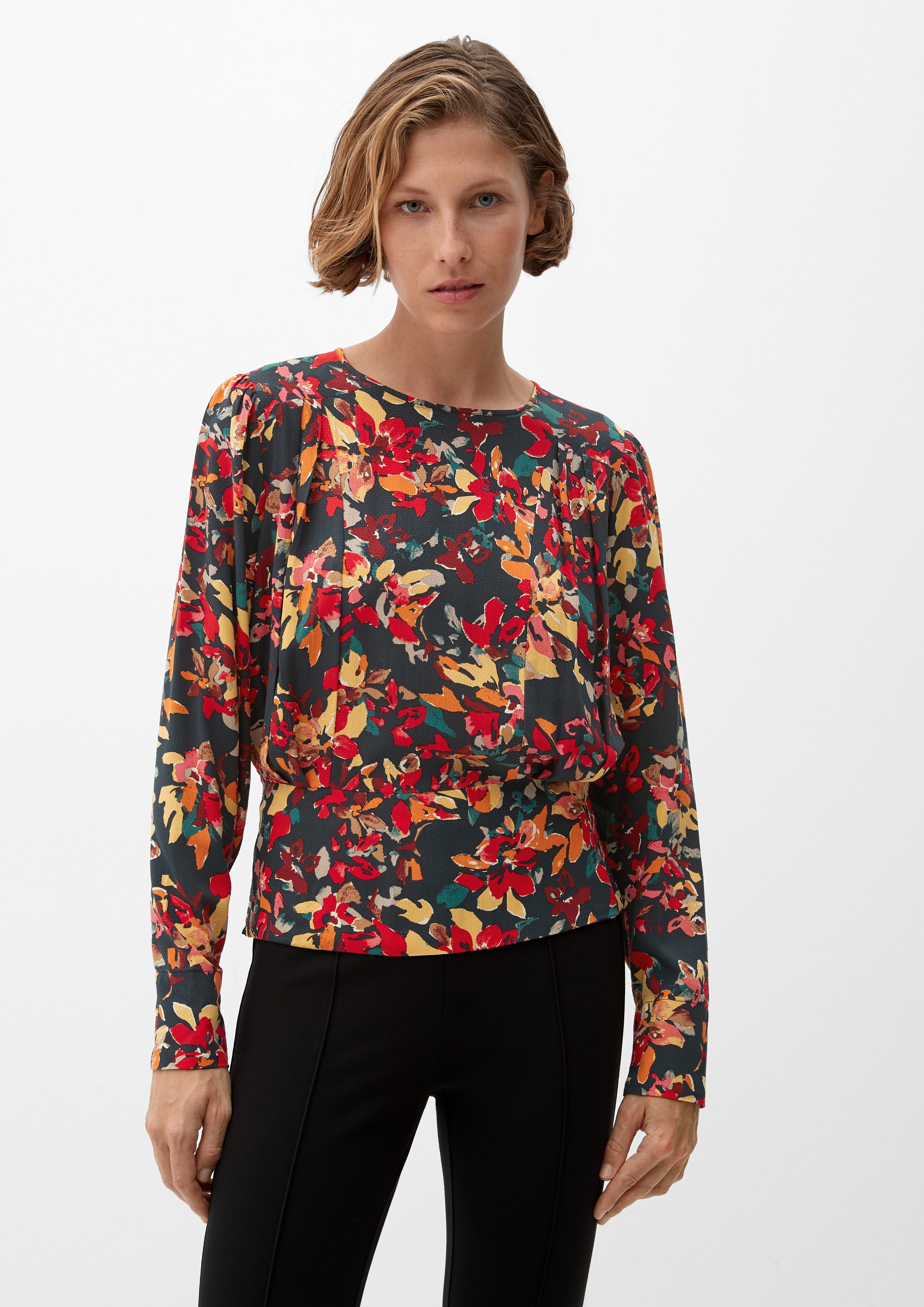 s.Oliver Langarmbluse Musterbluse mit Smok-Detail Raffung