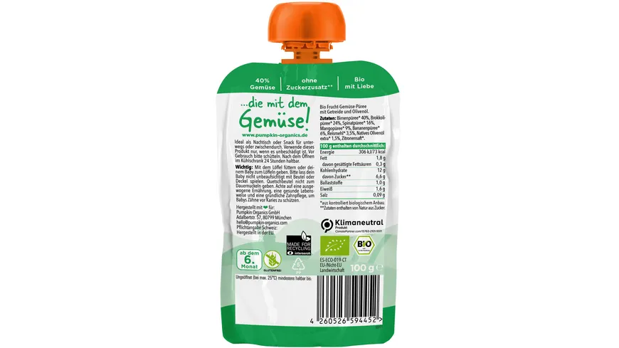 pumpkin organics Bio Quetschie Birne, Brokkoli, Spinat, Mango 100 g