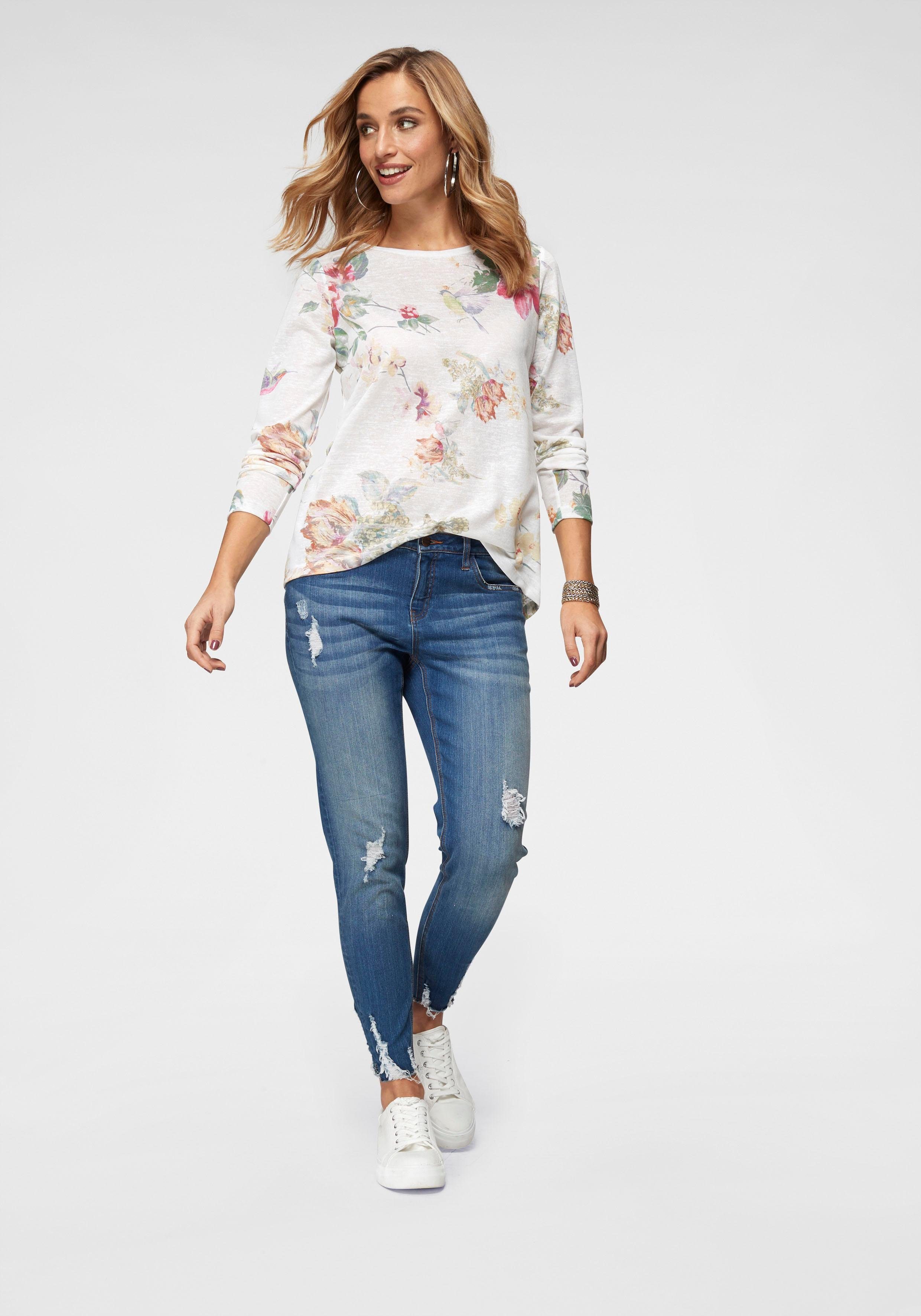 Aniston CASUAL Langarmshirt mit großflächigem Blumendruck und Vögeln