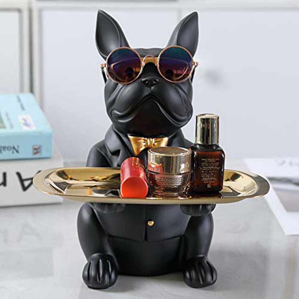 Haiaveng Tierfigur Coole Bulldoggen-Skulptur mit Edelstahltablett Französische Statue