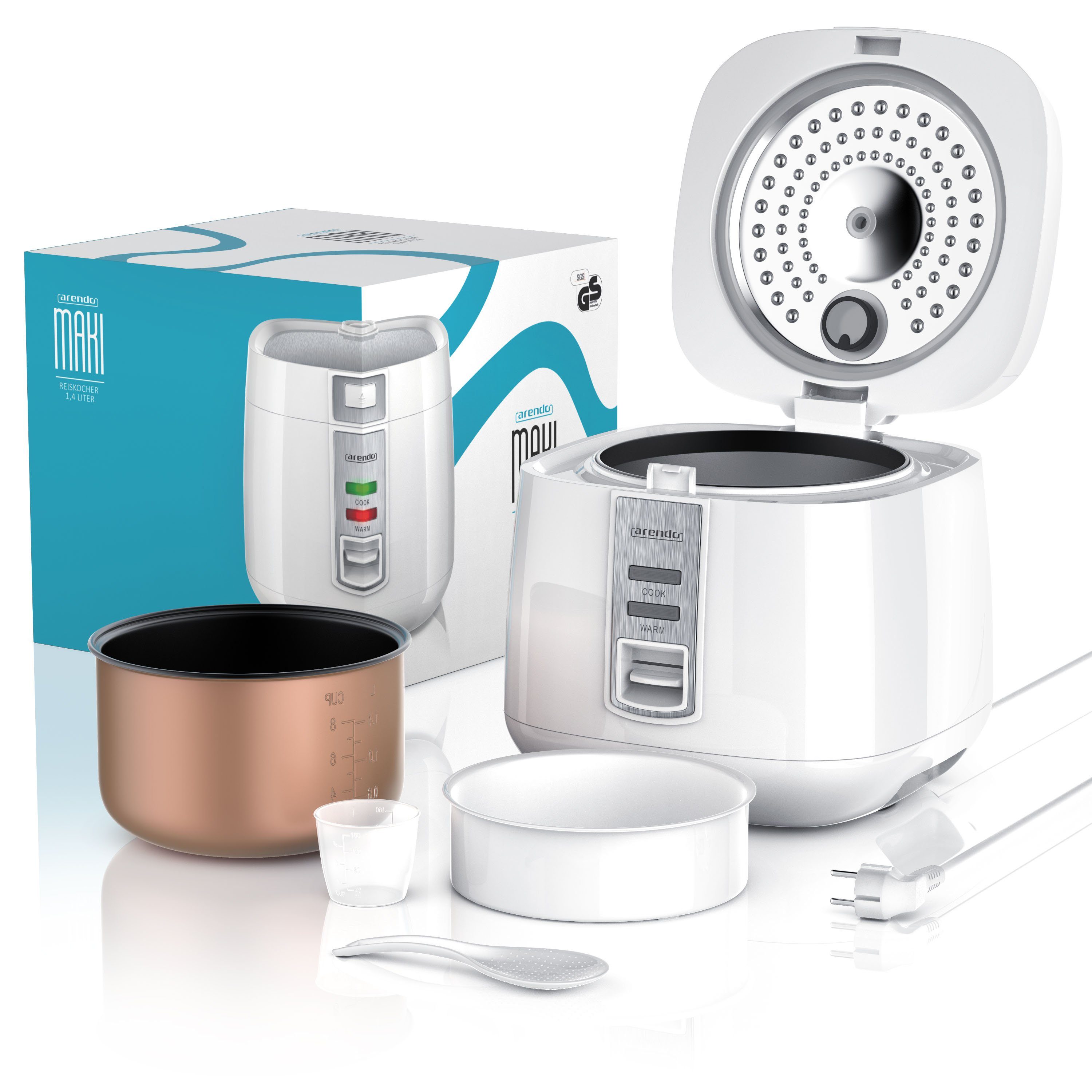 Arendo Reiskocher, 540 W, 1,4 L, Hitzeschutz, Dampfgareinsatz, Warmhaltefunktion, Dampfgarer